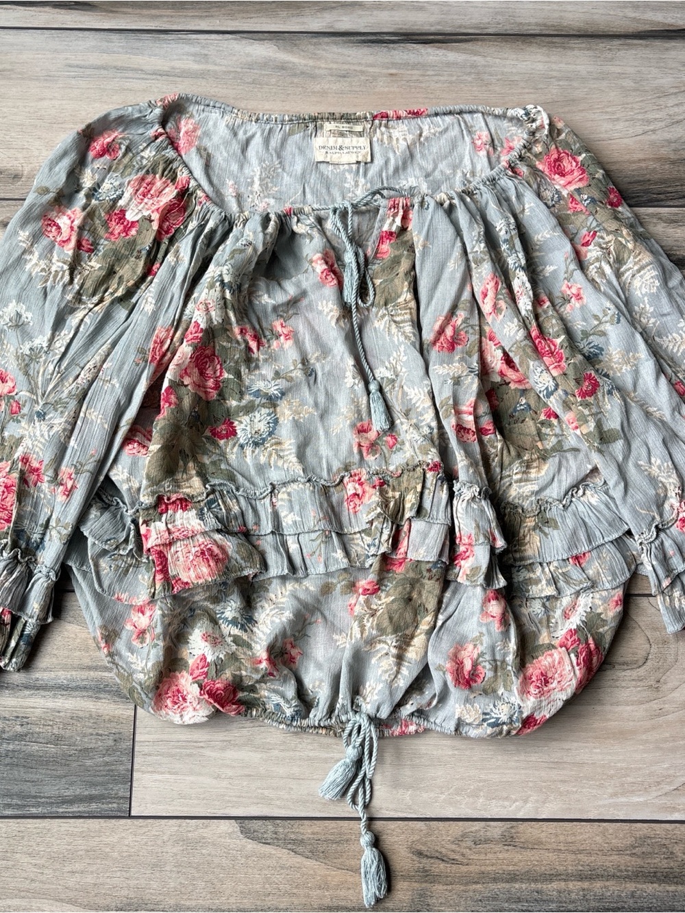 Denim and Supply Boho Floral Peasant Top in Dusty Blue and Pink